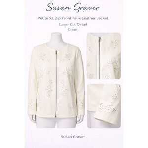 Susan‎ Graver Petite XL Petite Zip Front Faux Leather Jacket Laser Detail Cream